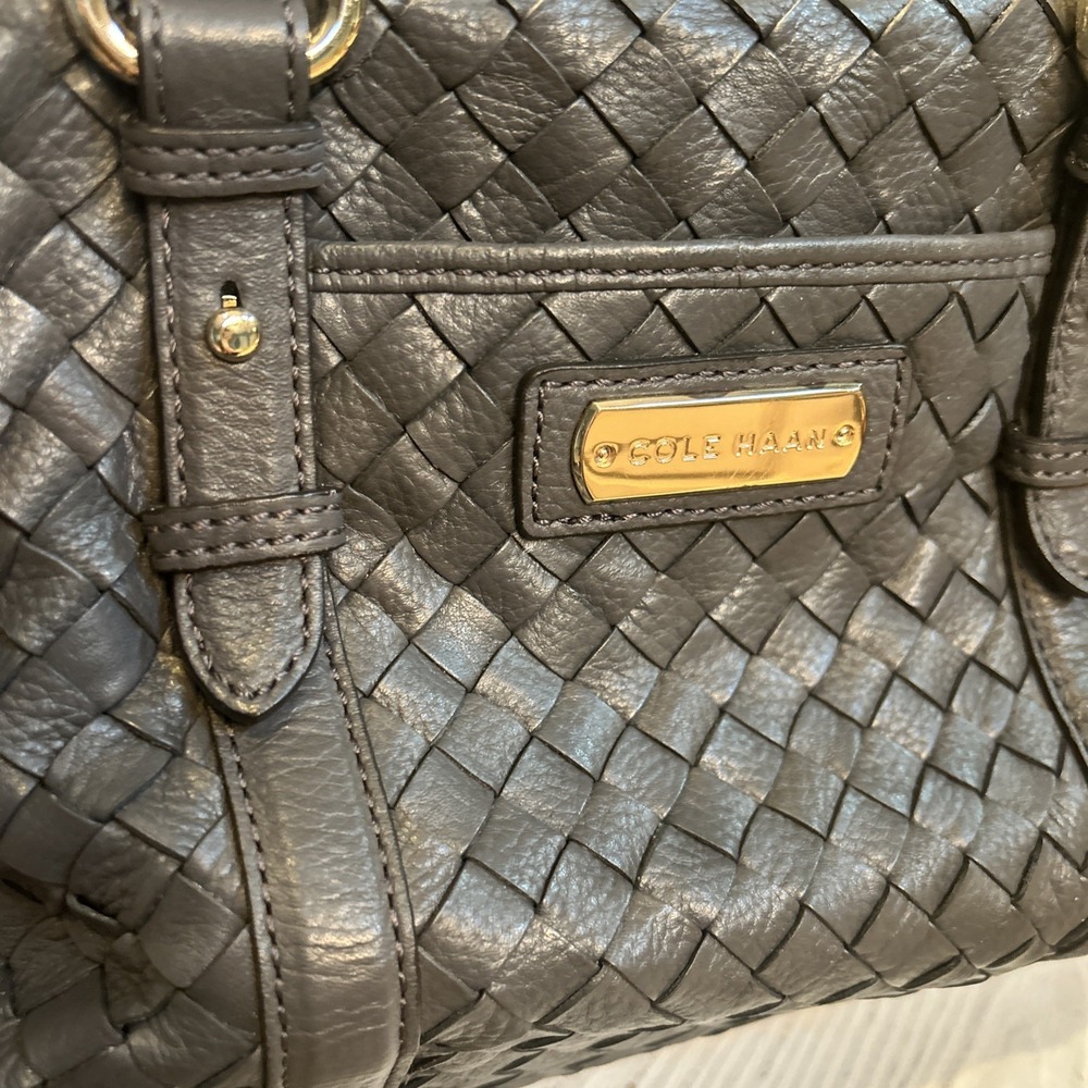 Cole Haan Woven Leather Satchel Tote Handbag Dark Gray Light Gold Hardware Purse